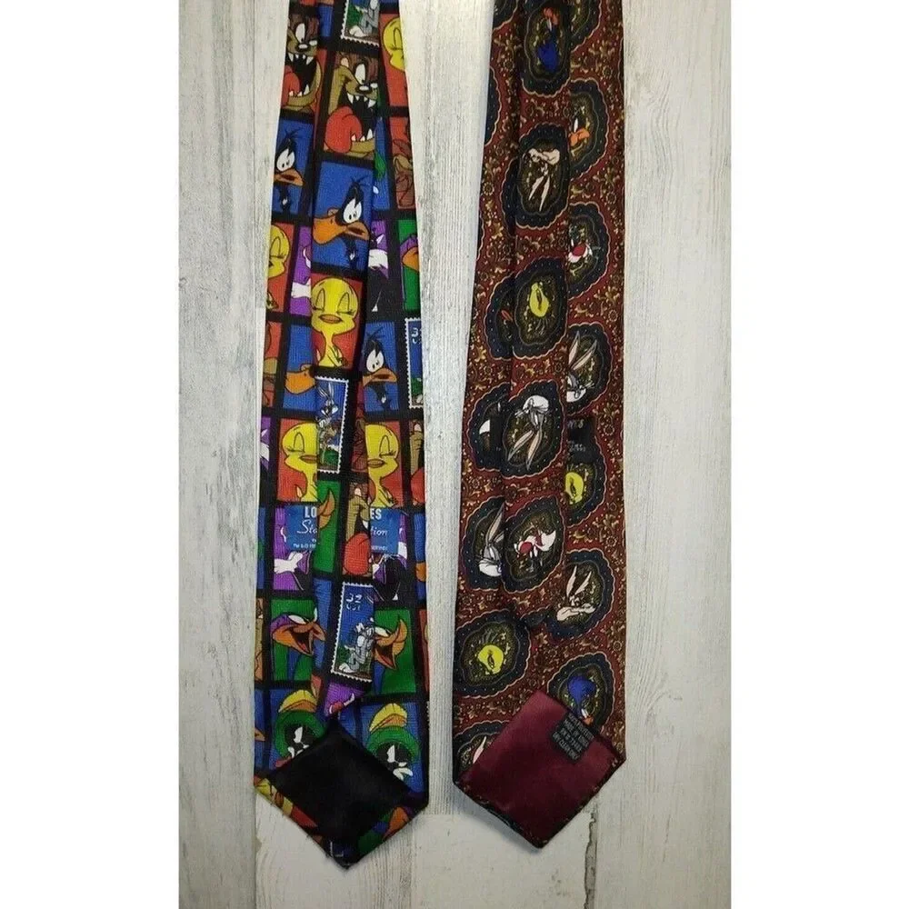 2 Necktie Lot Vintage Looney Tunes Stamp Collection/Looney Tunes Mania 55
